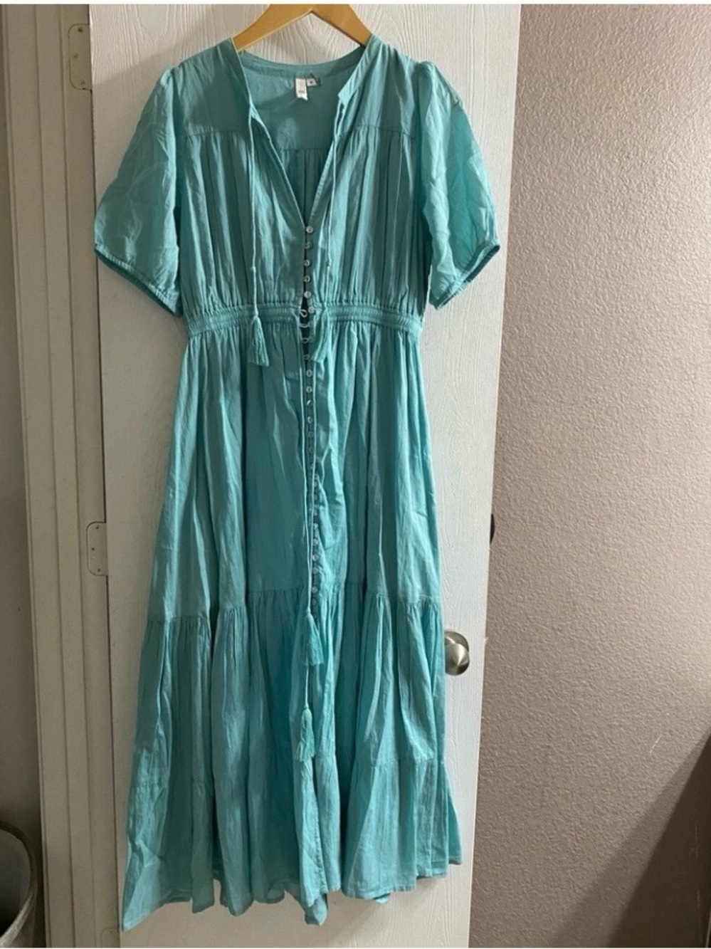 Elan Aqua Blue Tiered Maxi Dress with Buttons 100% cotton